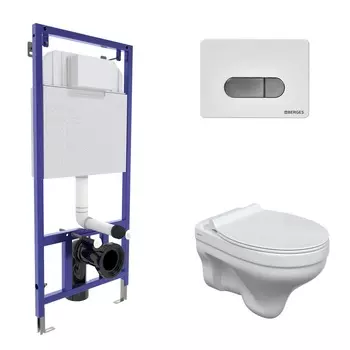 Подвесной унитаз с инсталляцией Berges Novum 42441 кнопка белая, сиденье микролифт, белый