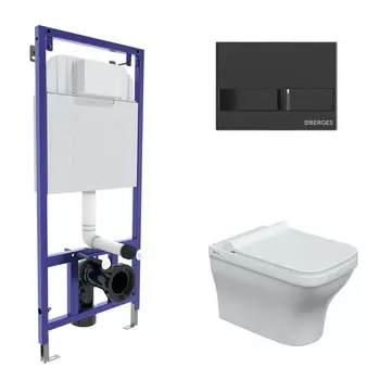 Подвесной унитаз с инсталляцией Berges Novum 42454 кнопка черная, сиденье микролифт, белый