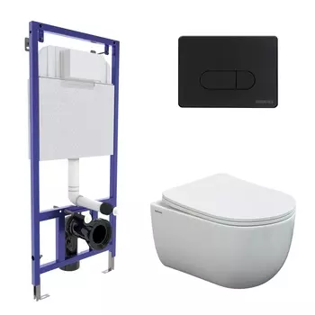 Подвесной унитаз с инсталляцией Berges Novum 43238 кнопка черная, сиденье микролифт, белый