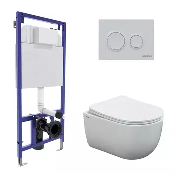 Подвесной унитаз с инсталляцией Berges Novum 43239 кнопка белая, сиденье микролифт, белый