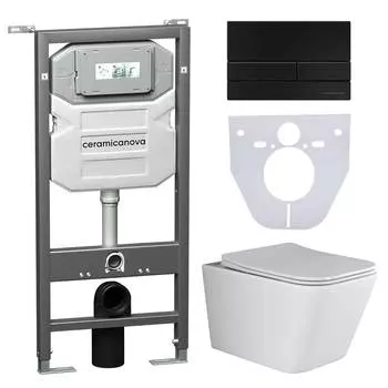 Подвесной унитаз с инсталляцией Ceramica Nova Metric CN3007_1002B_1000 с черной матовой кнопкой Flat и шумоизоляцией белый