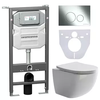 Подвесной унитаз с инсталляцией Ceramica Nova Metropol CN3009_1001CH_1000 с кнопкой Round хром и шумоизоляцией белый