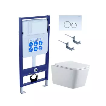 Подвесной унитаз с инсталляцией и кнопкой Aquatek Либра New SET AQUATEK ЛИБРА N KDI15 безободковый, с крышкой микролифт, белый, кнопка белая