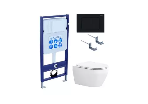 Подвесной унитаз с инсталляцией и кнопкой Aquatek Лея SET AQUATEK ЛЕЯ-012 4в1 безободковый, с крышкой микролифт, белый, кнопка черная