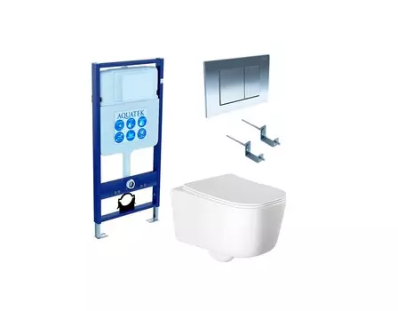 Подвесной унитаз с инсталляцией и кнопкой Aquatek Лугано SET AQUATEK ЛУГАНО 4в1 безободковый, с крышкой микролифт, белый, кнопка хром
