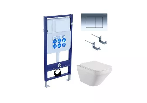 Подвесной унитаз с инсталляцией и кнопкой Aquatek Лира SET AQUATEK ЛИРА-010 4в1 безободковый, с крышкой микролифт, белый, кнопка хром