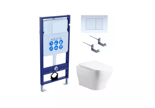 Подвесной унитаз с инсталляцией и кнопкой Aquatek Амадео SET AQUATEK АМАДЕО cm-009 4в1 безободковый, с крышкой микролифт, белый, кнопка белая