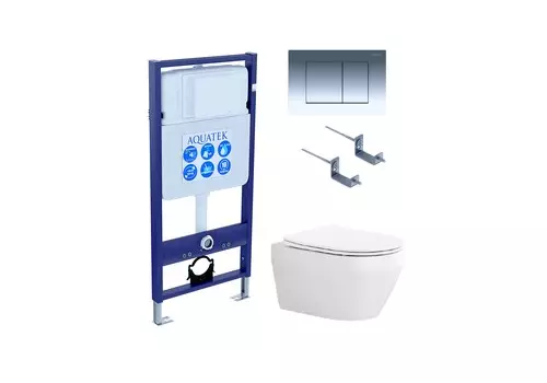 Подвесной унитаз с инсталляцией и кнопкой Aquatek Лея SET AQUATEK ЛЕЯ-010 4в1 безободковый, с крышкой микролифт, белый, кнопка хром