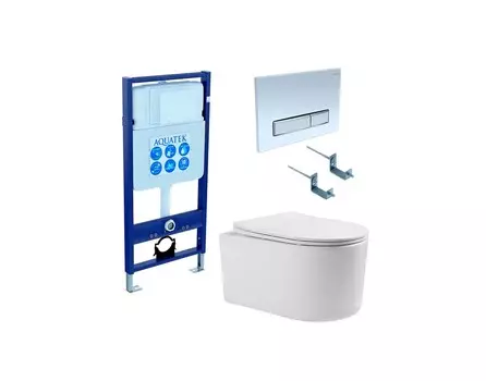 Подвесной унитаз с инсталляцией и кнопкой Aquatek Мия SET AQUATEK МИЯ 4в1 безободковый, с крышкой микролифт, белый, кнопка белая