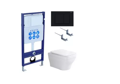 Подвесной унитаз с инсталляцией и кнопкой Aquatek Амадео SET AQUATEK АМАДЕО-012 4в1 безободковый, с крышкой микролифт, белый, кнопка черная