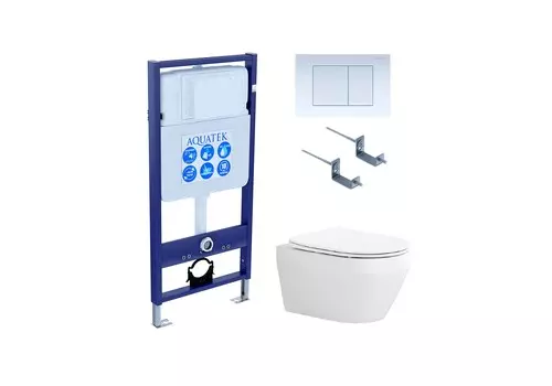 Подвесной унитаз с инсталляцией и кнопкой Aquatek Лея SET AQUATEK ЛЕЯ-009 4в1 безободковый, с крышкой микролифт, белый, кнопка белая