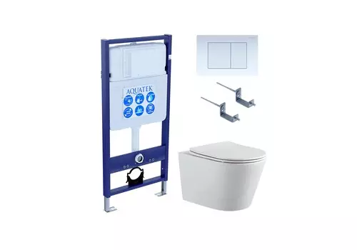 Подвесной унитаз с инсталляцией и кнопкой Aquatek Вега Set AQUATEK ВЕГА-009 4в1 безободковый, с крышкой микролифт, белый, кнопка белая