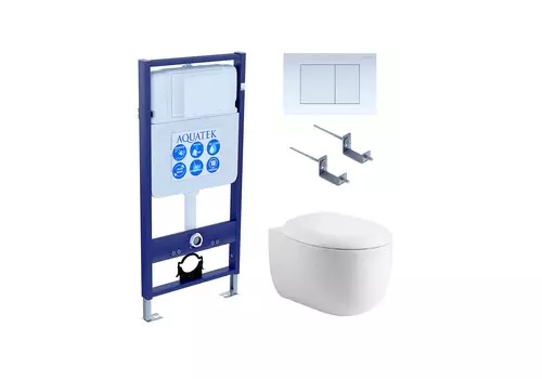 Подвесной унитаз с инсталляцией и кнопкой Aquatek Альтаир SET AQUATEK АЛЬТАИР cm-009 4в1 безободковый, с крышкой микролифт, белый, кнопка белая