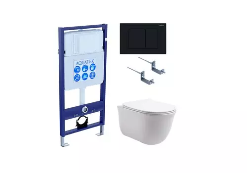Подвесной унитаз с инсталляцией и кнопкой Aquatek Классик SET AQUATEK КЛАССИК-012 4в1 безободковый, с крышкой микролифт, белый, кнопка черная