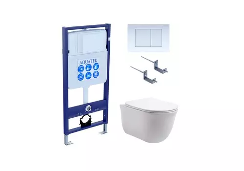 Подвесной унитаз с инсталляцией и кнопкой Aquatek Классик SET AQUATEK КЛАССИК-009 4в1 безободковый, с крышкой микролифт, белый, кнопка белая