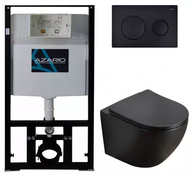 Подвесной унитаз с инсталляцией и кнопкой Azario Grado AZ-8010-1000+AZ-8200-0013+AZ-0046N-MB безободковый, с крышкой микролифт, черный матовый, кнопк