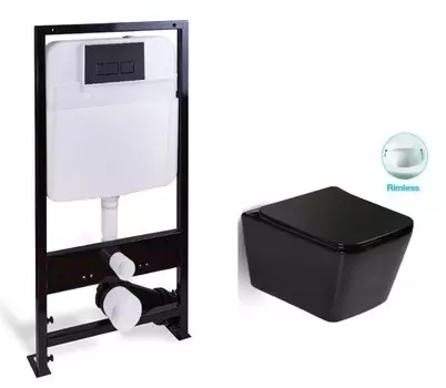 Подвесной унитаз с инсталляцией SantiLine SL-5004MB + SL-04 безободковый с сиденьем микролифт, черный матовый