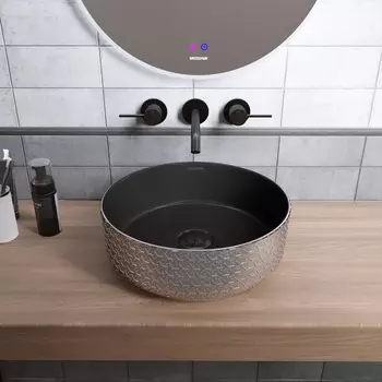 Раковина накладная Grossman Color 36 см GR-5010SBR черная, серебряная с геометричной текстурой