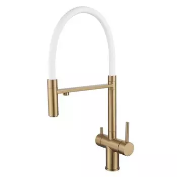 Смеситель для кухни Shevanik S178G с гибким изливом и подключением фильтра, золотой сатин, белый