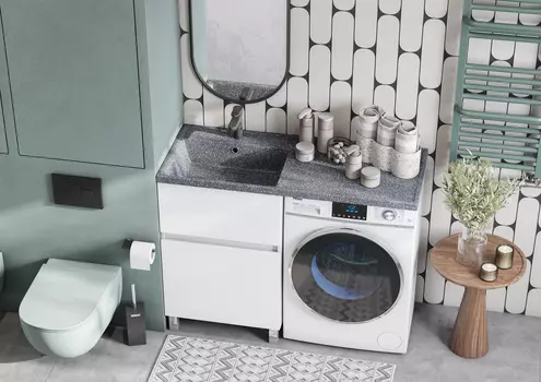 Тумба с раковиной Aquaton Лайн 120 см напольная, белая глянцевая, левая