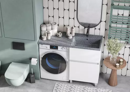 Тумба с раковиной Aquaton Лайн 120 см напольная, белая глянцевая, правая