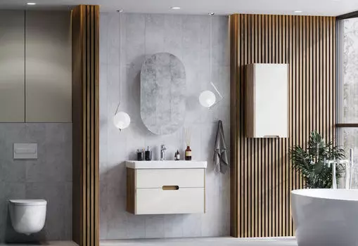 Тумба с раковиной Aquaton Оливия 77 см подвесная, бежевая, дуб велл