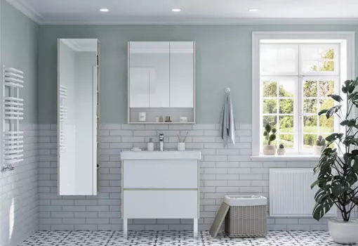 Тумба с раковиной Aquaton Сканди 80 см напольная, белая глянцевая, дуб верона