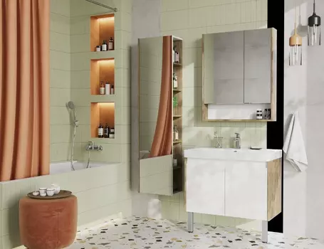 Тумба с раковиной Aquaton Сканди 80 см напольная, белая, дуб рустикальный