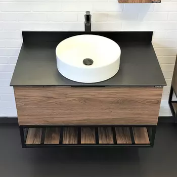 Тумба с раковиной Comforty Порто 00-00008927 90 см, коричневая с черной столешницей