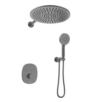 Встраиваемый душевой комплект с верхним душем Black&White 9201GM оружейная сталь, со смесителем и термостатом, без излива