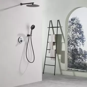 Встраиваемый душевой комплект с верхним душем Black&White 9301GM оружейная сталь, со смесителем и термостатом, без излива