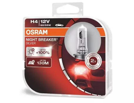 Лампа H4 12V 60/55W Р43t (OSRAM) +100% night breaker silver(2шт.)