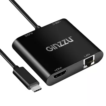 Адаптер-переходник GINZZU GC-878HVC, USB 3.1 Type-C(M) - HDMI(19F)/RJ-45(F)/USB 3.1 Type-C(F)/Jack 3.5mm(F), черный