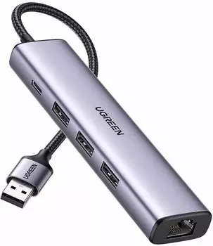 Адаптер UGREEN CM475, USB3.0 to 3USB3.0 +RJ45 (1000M) Ethernet Adapter Type-C Power Supply, серый (60554)