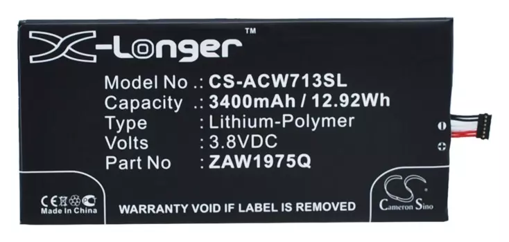 Аккумулятор CameronSino CS-ACW713SL, 3.8V, 3400mAh, Li-pol для Acer Iconia Tab 7 (A1-713, A1-713HD)