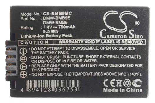 Аккумулятор CameronSino CS-BMB9MC/CS-BMB9MC, DMW-BMB9, DMW-BMB9E, 750mAh, 7.4V для Panasonic DMC-FZ40/FZ45/FZ48/FZ100