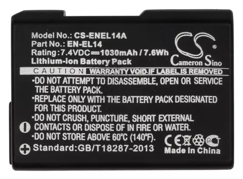 Аккумулятор CameronSino CS-ENEL14A/ EN-EL14, 1030mAh, 7.4V для Nikon Coolpix P7000/P7100/P7700/P7800/D3100