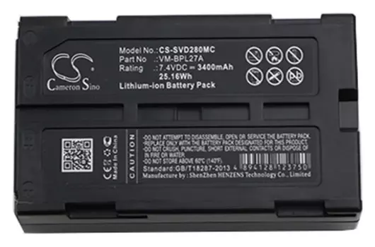 Аккумулятор CameronSino CS-SVD280MC/ BN-V812, BN-V812U, BN-V814, BN-V814U, CGR-B/202, CGR-B/202A, CGR-B/202A1B, CGR-B/202E1B, CGR-B/403, CGR-B/814, PL480D.085, VM-BPL13, VM-BPL13A, VM-BPL13J, VM-BPL27A, VM-BPL30, VM-BPL60, VW-B202, VW-VBD1, VW-VBD1E, VW-VBD2, VW-VBD2E, VW-VBD815, BDC70, 3400mAh, 7.4V для Hitachi, Panasonic Hitachi VM, D, E, H; JVC GR-DVL9000U, Panasonic AG-BP/EZ/GA/NV-DE/DJ/DL/DP/DR Series