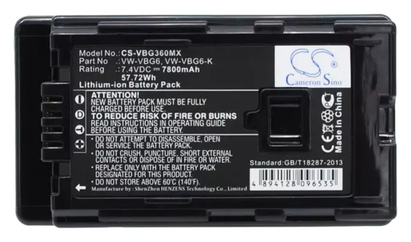 Аккумулятор CameronSino CS-VBG360MX/ VW-VBG6, VW-VBG6GK, VW-VBG6-K, VW-VBG6PPK, 7800mAh, 7.4V для Panasonic AG-AC130, AG-AC130A, AG-AC130AEJ, AG-AC130AP, AG-AC160, AG-AC160A, AG-AC160AEJ, AG-AC160AP
