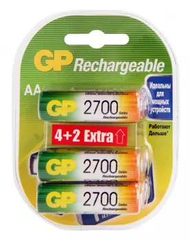 Аккумулятор GP Rechargeable 2700AAHC4, AA, 1.2V 2.7 А·ч, 6 шт. (GP270AAHC4/2-2CR6)
