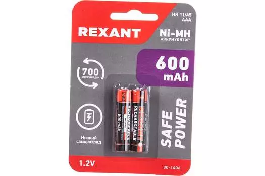 Аккумулятор Rexant, AAA/HR03, 1.2V 600 мА·ч, 2 шт. (30-1406)