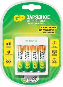 Аккумуляторная батарейка + Зарядное устройство GP Rechargeable E411, 4xNiMH: AA и AAA, 4xAA 2700mAh, белый (Е411-270AAHCCS-2CR1)