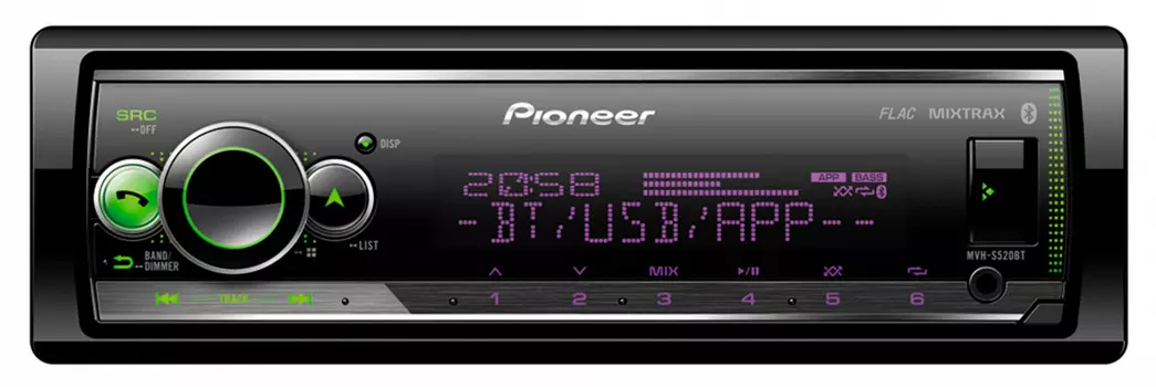 Автомагнитола Pioneer, 1 DIN, 4x4x50Вт, Bluetooth, черный (MVH-S520BT)