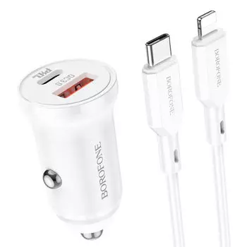 Автомобильное зарядное устройство Borofone BZ18A, USB, 1xUSB Type C, 20 Вт, QC, PD, кабель Type-C/Lightning, белый (974443384918)