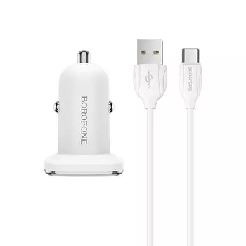 Автомобильное зарядное устройство Borofone Lasting power BZ12, 2xUSB, 2.4А, кабель USB Type-C, белый (6931474708670)