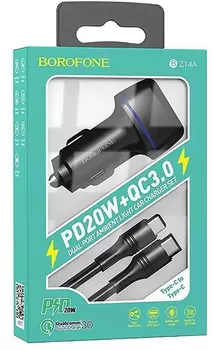 Автомобильное зарядное устройство Borofone Mercury BZ14A, USB, 1xUSB Type C, 3.4А, 20 Вт, QC, PD, кабель USB Type-C, черный