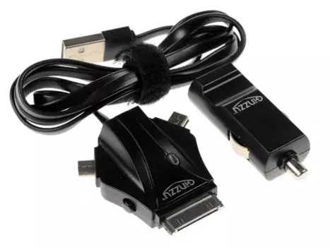 Автомобильное зарядное устройство GINZZU GA-4110UB/S3, USB, 2.1А, кабель Apple 30-pin/miniUSB/microUSB, черный (GA-4110UB/S3)