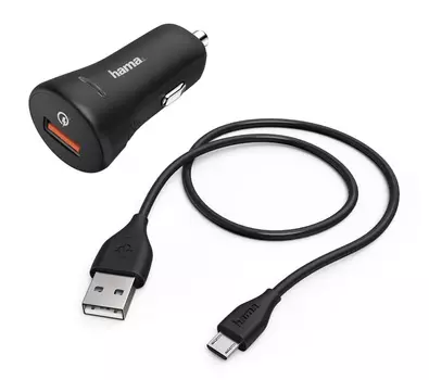 Автомобильное зарядное устройство Hama H-178337, USB, 3A, QC, кабель microUSB, черный (00178337)