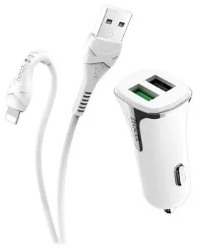 Автомобильное зарядное устройство Hoco Z31 , 2xUSB, 3.4A, 15Вт, QC, кабель Lightning 8-pin, белый