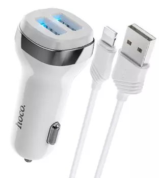Автомобильное зарядное устройство Hoco Z40 Superior, 2xUSB, 2.4А, кабель Lightning 8-pin, белый